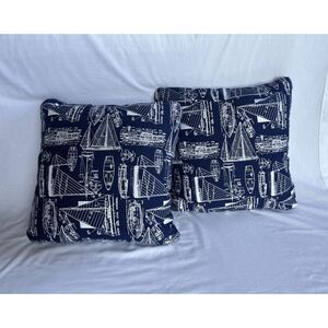Couch/Throw Pillow Set of Two, Blue w/ White, Nautical, Coastal, Boats, 16 x 16